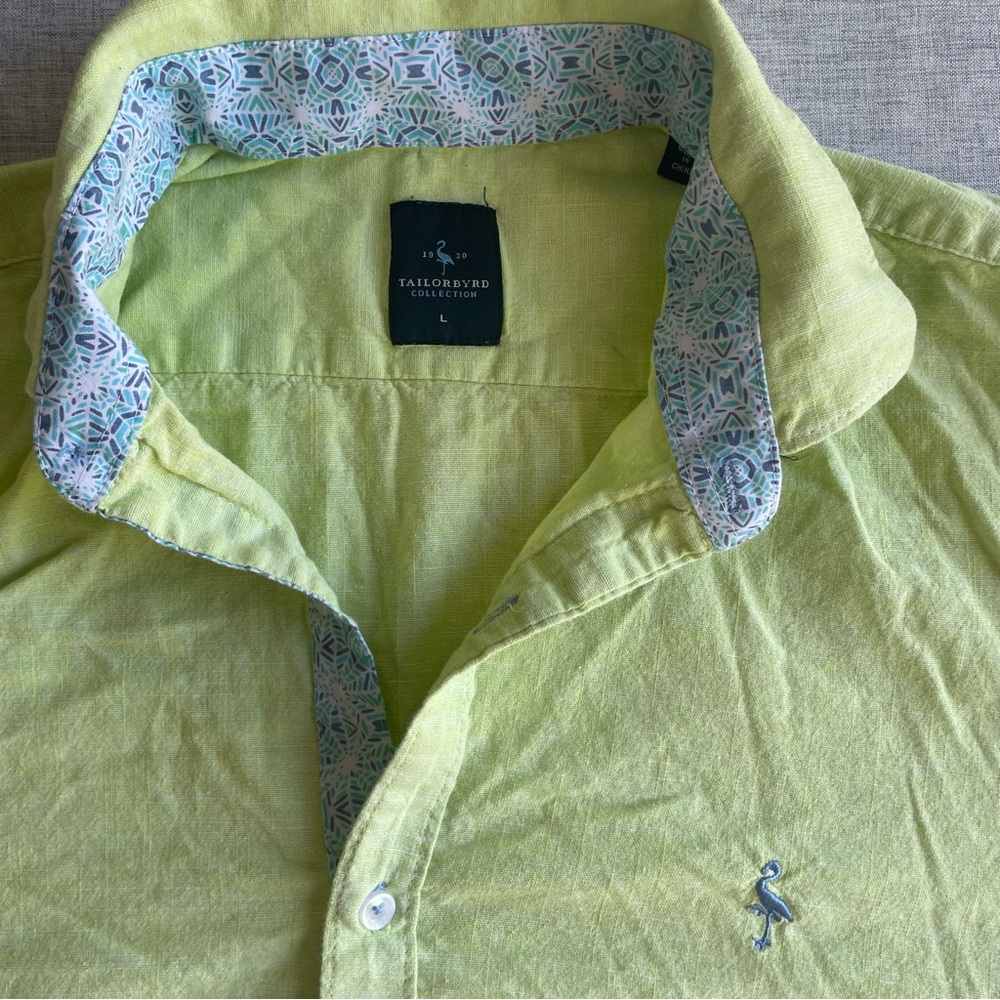 Tailorbyrd MEN'S CONTRAST SHORT-SLEEVE BUTTON-DOWN SHIRT IN LIME Green Sz Large
